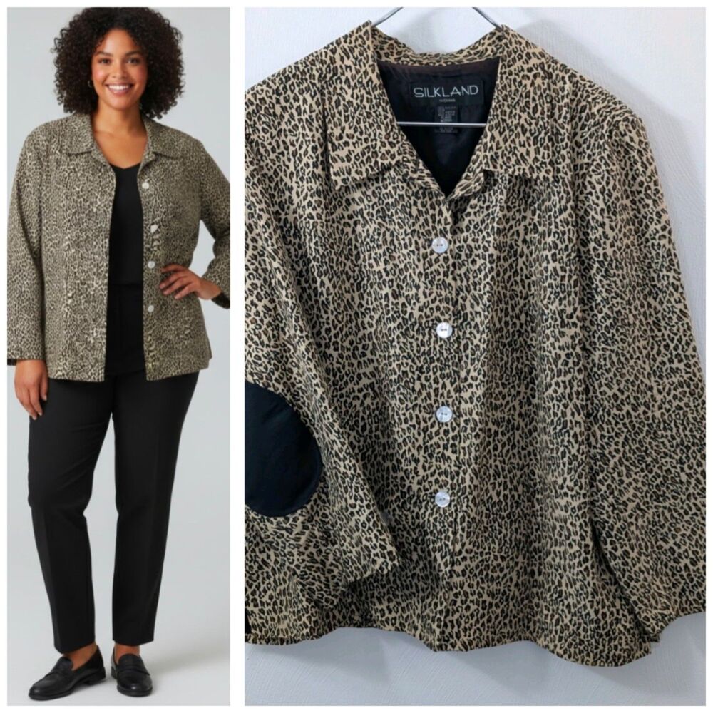 Vintage SilkLand Shirt/Shacket 1X Leopard Print Elbow Patches Shoulder Pads FLAW